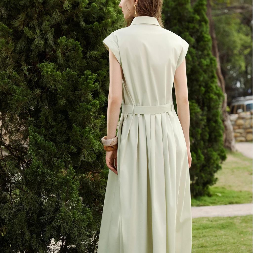 ELLE Shirt Dress with Matching Cotton Pale Office [ELLE] Women's Belt, Blend, Stretch, Green, Elegant, Commuting, Casual, Spring/Summer