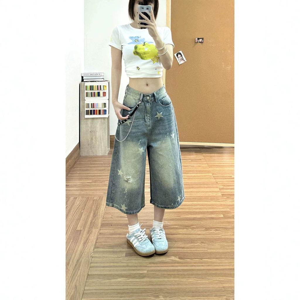 Women's High Waist Star Print Wide Leg Denim Culottes Vintage Washed Cropped Jeans