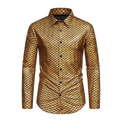Camisa bronceada a escala de pescado para hombre, camisa de manga larga con solapa, camisa con una botonadura, informal, ajustada, para banquete, ropa de discoteca, primavera y otoño