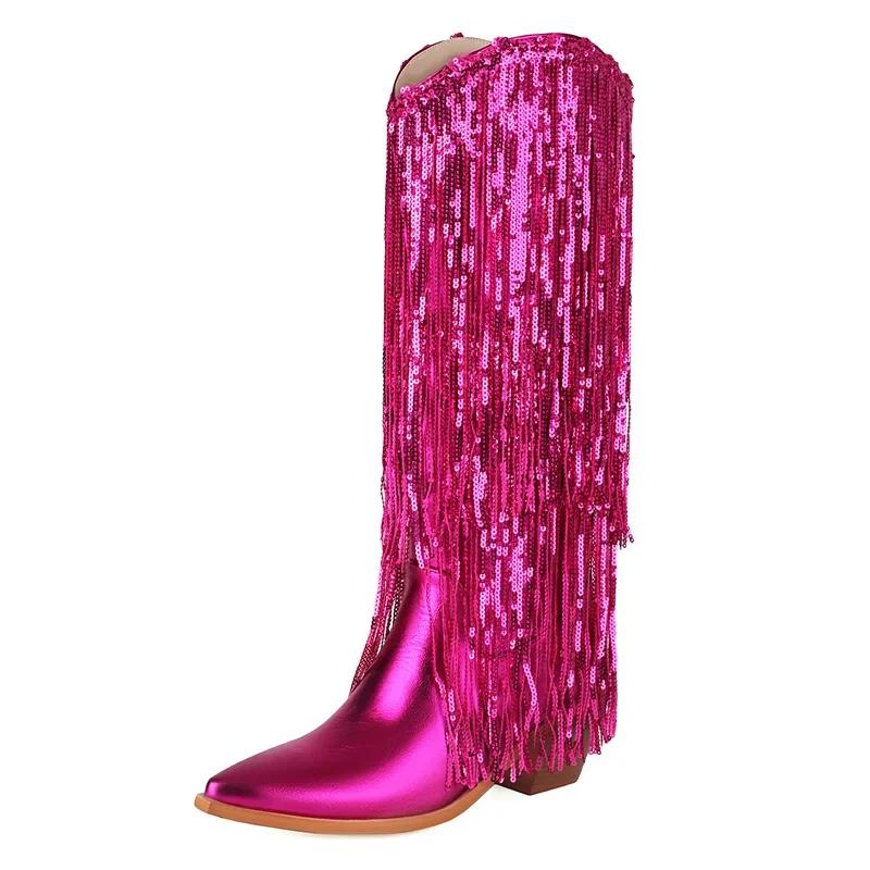 Glitter Gold Knee High Boots Women Block Heels Metallic Blue Rosy Bling Fringe Party Show Lady Western Cowgirl Sequin Long Boots