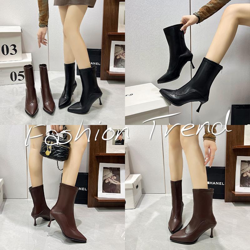 French high-heeled pointed short boots, new European and American thin-heeled bare boots, thin boots, retro brown short boots in autumn and winter 202
