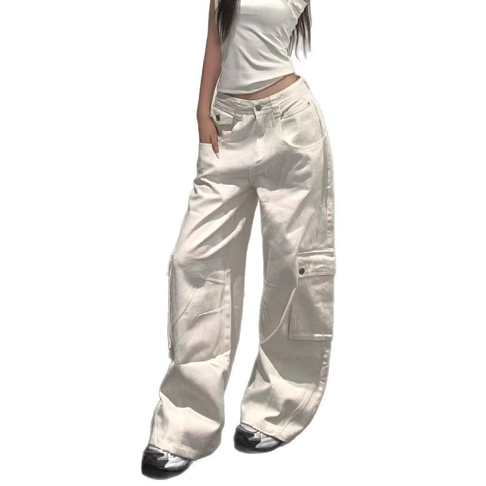 Women's High-Waisted Wide-Leg White Workwear Jeans - American Vibe, Spring/Fall Style, Floor-Length, Heavy-Duty Design.