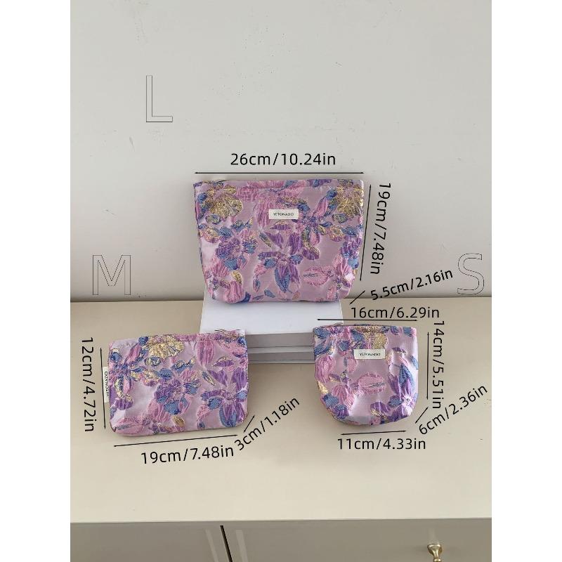 Vintage Makeup Bag Dark Red Floral Jacquard Fabric Cosmetic Pouch Women's Zip Square Clutch Handbag for Toiletries Storage