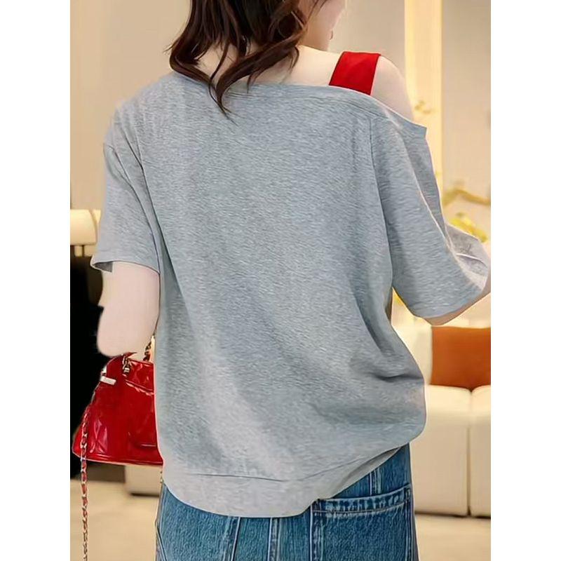 2026 Summer New Style Gray Printed One-Shoulder Short-Sleeve T-Shirt for Women, Korean Niche Design, Versatile Short Top