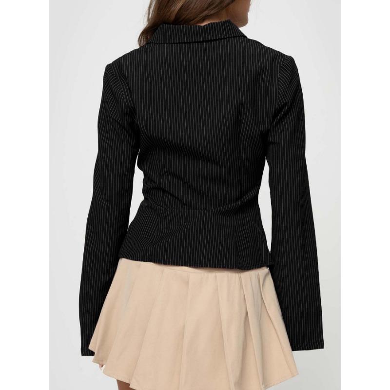 Mode Chemise Rayée Coupe Ajustée pour Femme Manches Longues Blouse Élégante Col de Chemise Bureau Décontracté Hauts Courts Simples Simples Printemps Été Streetwear Vêtements de Base