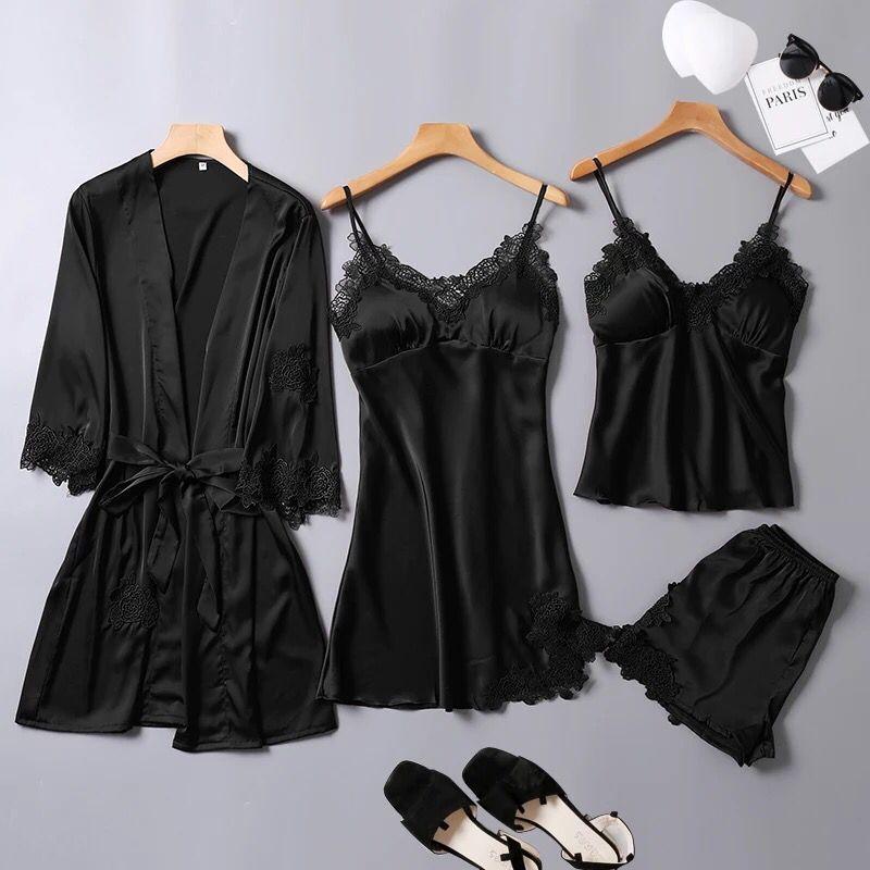 

GMXIA Весенне-осенние пижамы для женщин, сексуальные ночные платья на бретелях-спагетти с нагрудными вкладышами, тонкие халаты из ледяного шелка и комплекты пижам для дома XXL чёрный