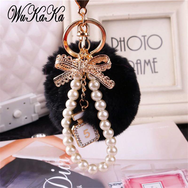 Car Women handBag Key Chain Fashion Pearl Chain Crystal Bottle Bow Pompom Keychain Fluffy Puff Ball Keychains Jewelry