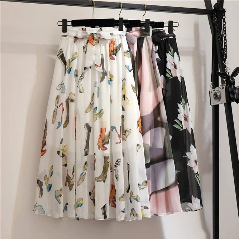 Bohemian Chiffon Half-length Dress for Spring and Summer Mid Length High Waist Fairy Floral Large Swing Skirt Beach Skirt