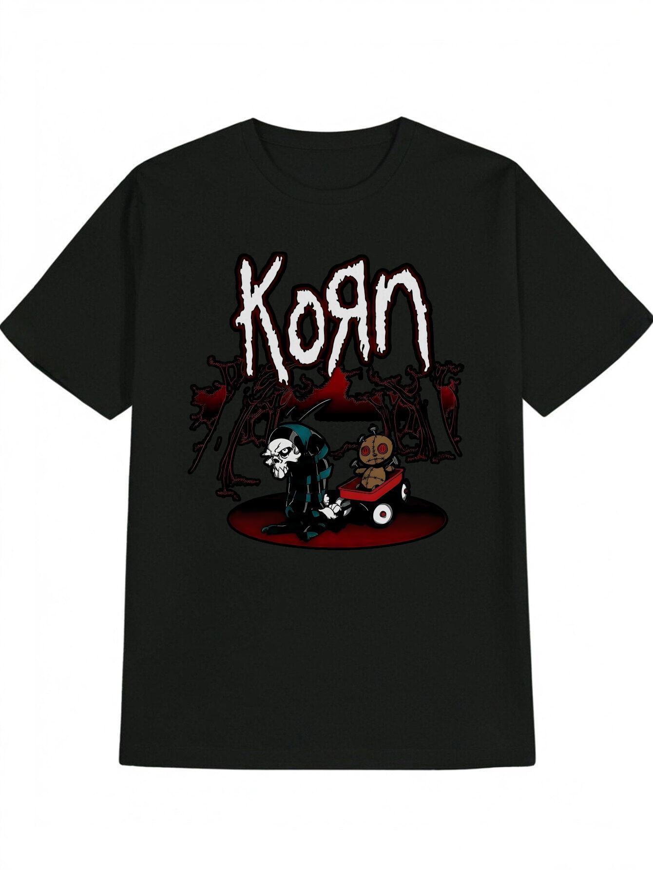 Casual Graphic Print T-shirt with Skull Puppet & Korn Design - Black Round Neck Summer Tee S