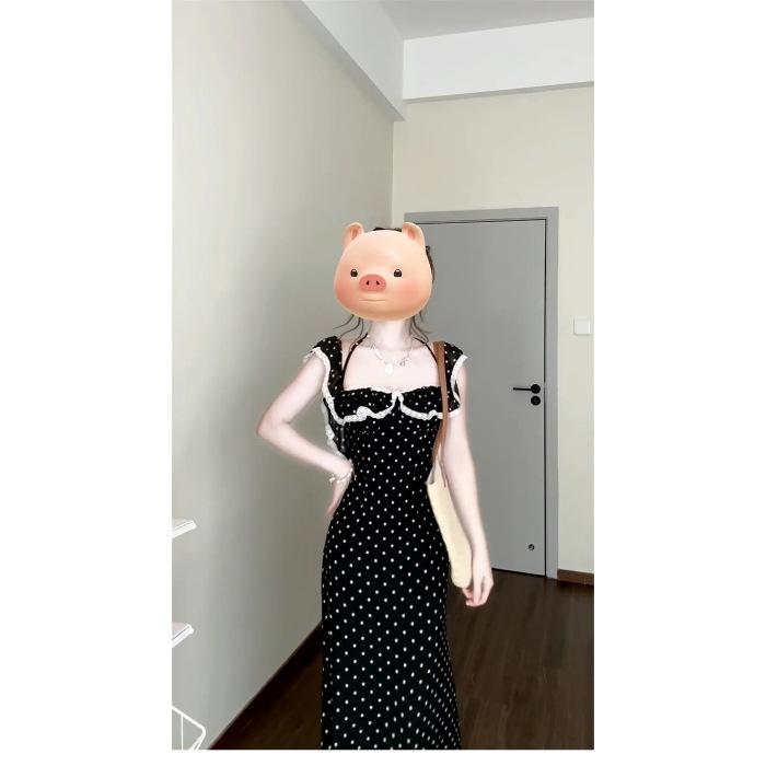 French coffee break square neck lace ruffle edge polka dot dress children s summer new backless waist dress S