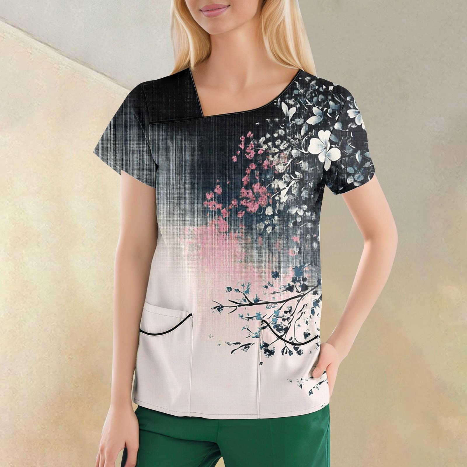 

Женская повседневная рабочая одежда с короткими рукавами и наклонным воротником с принтом и двойными карманами M