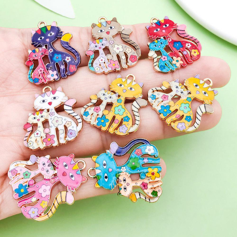 10 Color Enamel Alloy Cartoon Cat Charms Pendants for DIY Jewelry