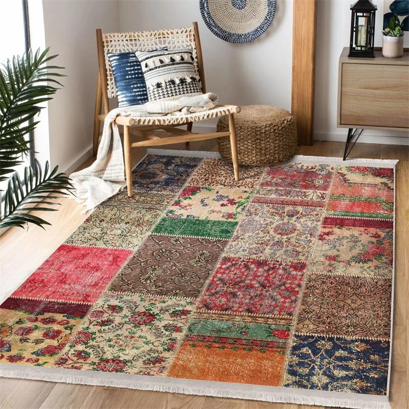 Patchwork Style Area Rug Turkish Motif Anti-Slip Carpet Vintage Print Living Room Rug Kitchen Rug Fringed Farmhouse Floor Mat