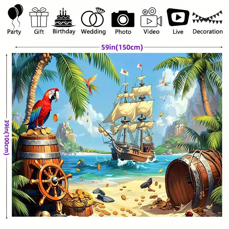 Caribbean Pirate Backdrop - Tropical Beach Ship, Parrot & Treasure Background