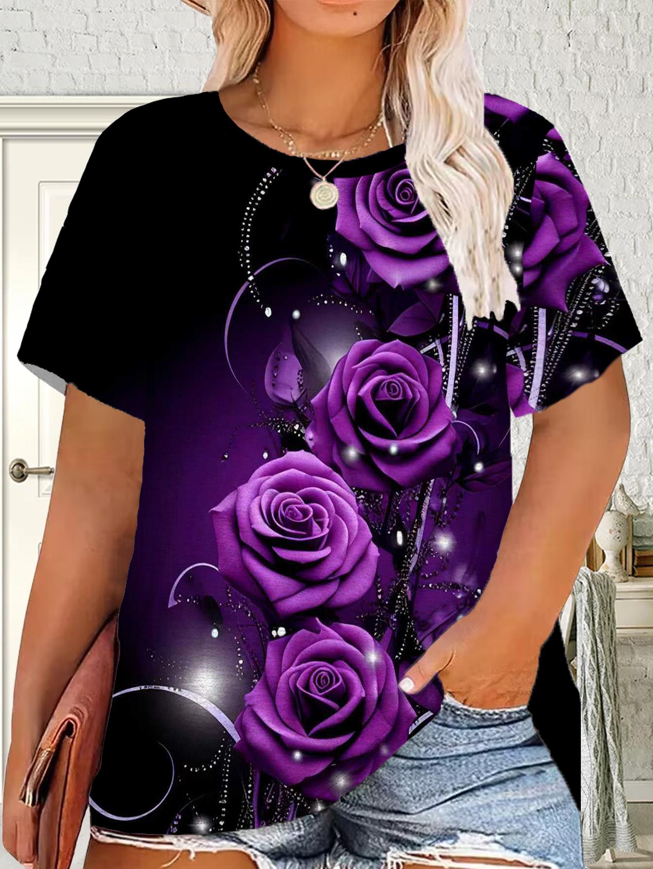

Plus Size - Plus Size - Plus Size Women S Alluring Purple Rose Print Short Sleeve Top. Breathable Soft Round Neck T-Shirt. Machine Washable. Ideal Gif S дубильная кора
