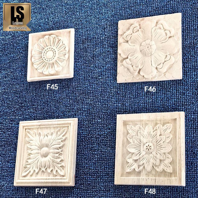 European Solid Wood Relief Carving: Square Rubber Wood Floral Patch for Cabinet Decoration