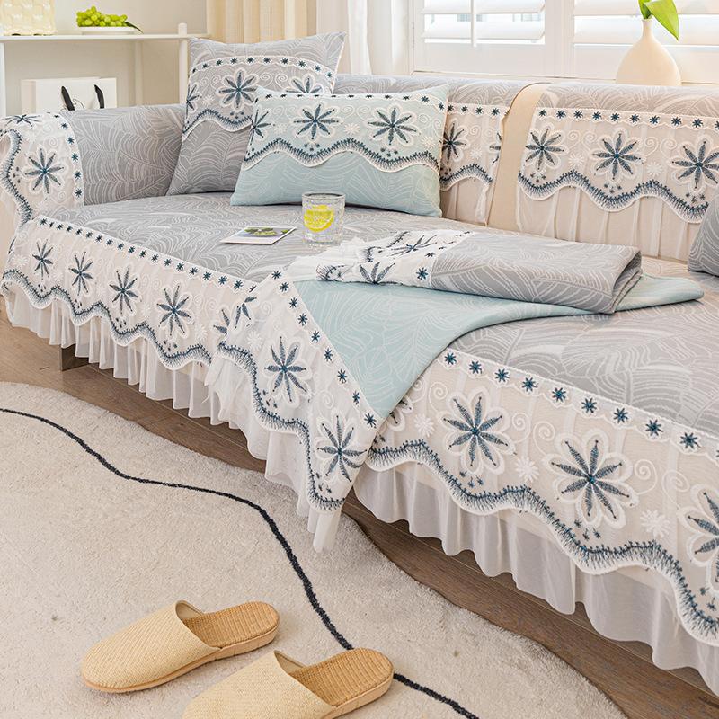 Summer Ice Silk Sofa Cushion Non-Slip Dustproof Cool Cushion Summer Simple Design Vintage Printed Sofa Cover Cover Cloth