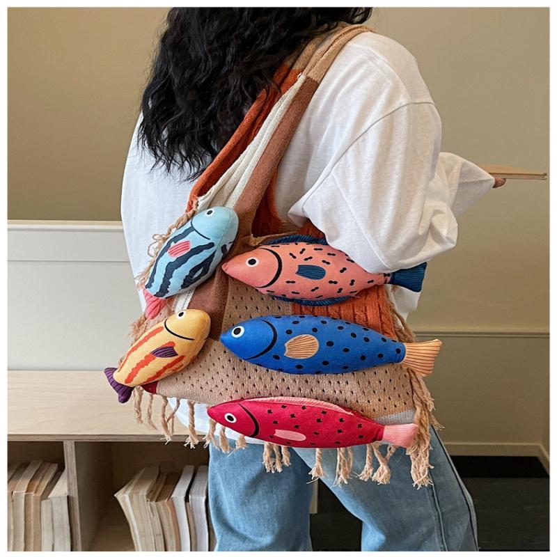 1 Pezzo Borsa a Shopper con Tagli a Contrasto Pesciolino Carino Borsa Lavorata a Maglia Rilassata Estiva Versatile per Pendolari Borsa a Spalla