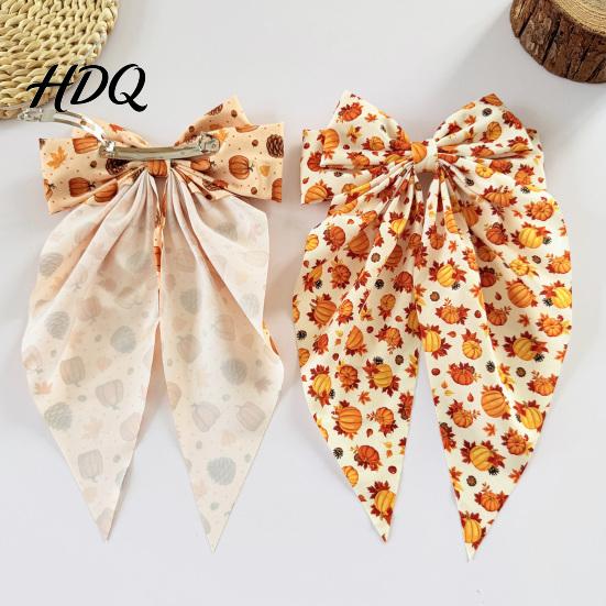 Autumn Hair Accessories with Ribbon Fall Pumpkin Maple Leaf Bows for Women Girls Pinecone Clips Large Bowknot Elegant Retro Pastoral Style
