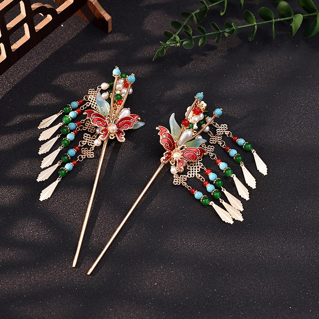 Vintage Chinese Style Hairpin For Women Light Luxury Tassel Enameled Butterfly Hair Stick Exquisite Elegant Hair Accessories 1pc