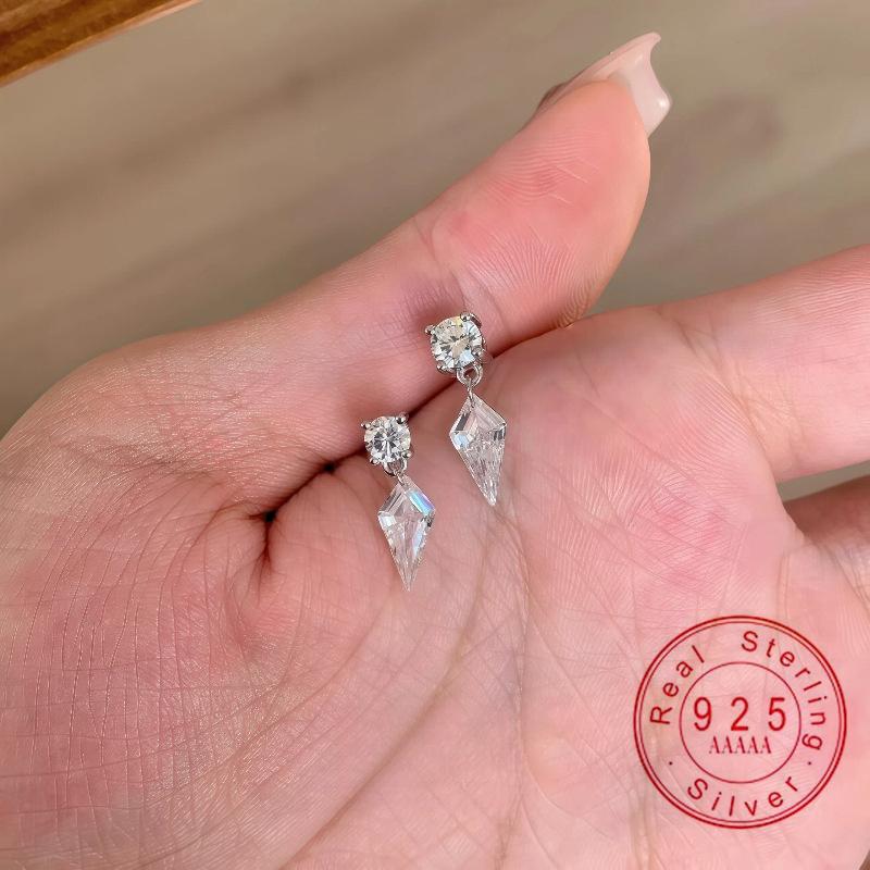 925 Sterling Silver Drop Earrings, Sparkling CZ Zircon Rhombus Dangle Stud Earrings for Women, Hypoallergenic Fine Jewelry Gift