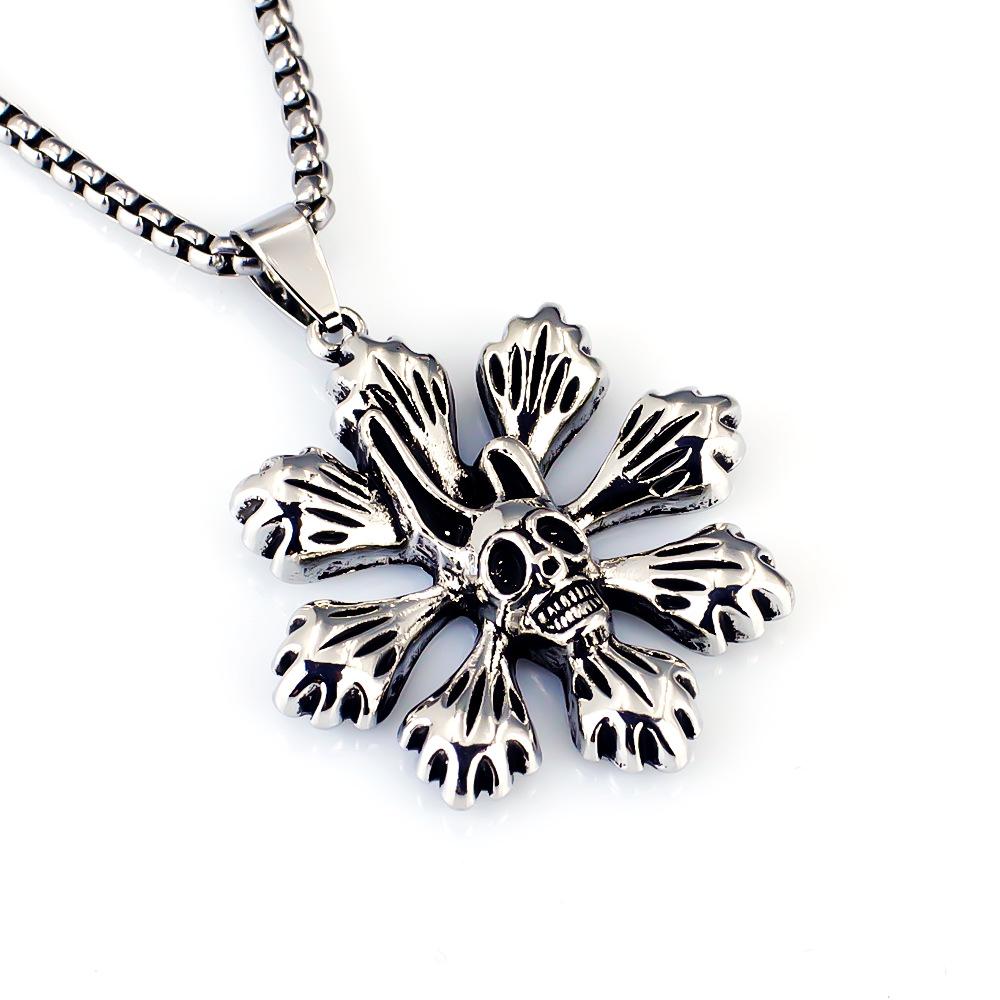 Titanium Steel Flower Skull Pendant Punk Necklace Retro Trendy Men's Skull Flower Necklace