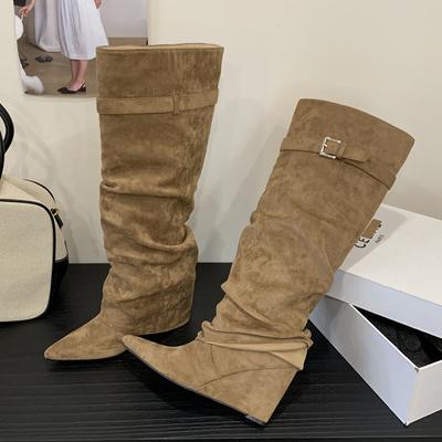 Punk Style Pointed Toe Knee-High Boots Woman Wedges High Heels Shoes Autumn Winter Botas Largas De Mujer