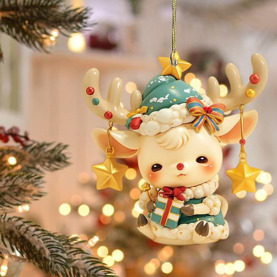 Christmas Car Charm 2D Acrylic Keychain Santa Reindeer Car Mirror Hanging Ornament Festive Decor for Home Tree