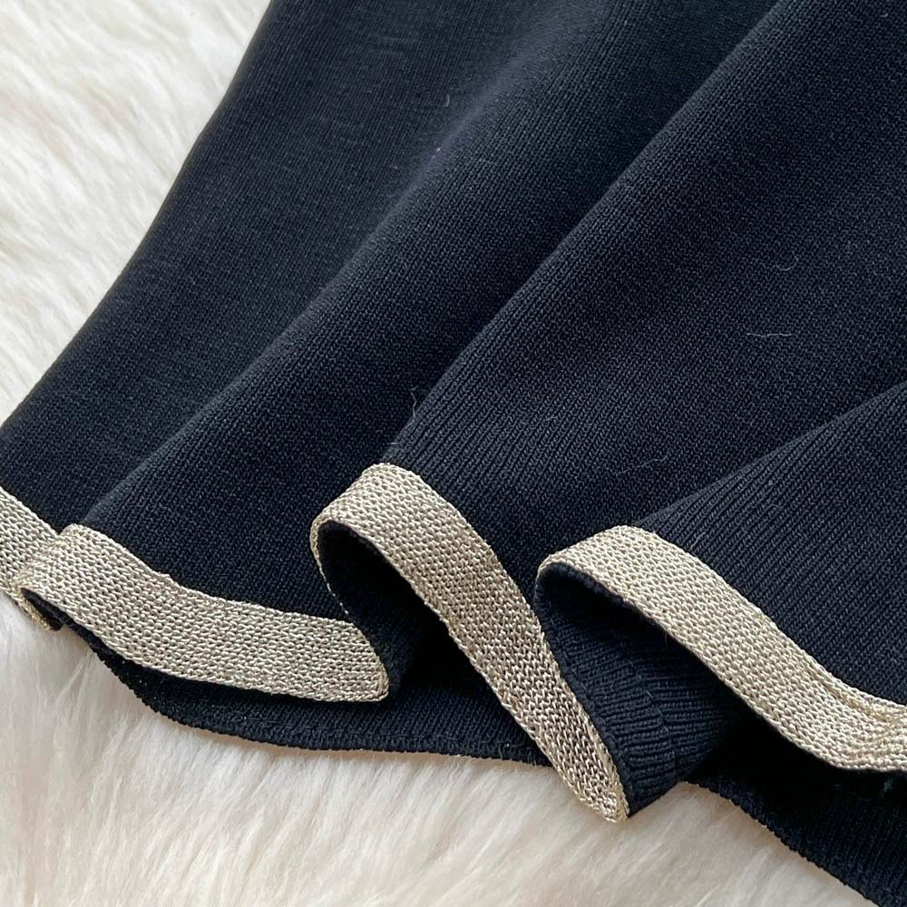 Letní dámský designový černý pletený svetr dvoudílný set krátký top tílko a dlouhá maxi pouzdrová sukně oblek