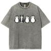 Penguin Cat Graphic Tee Acid Wash Heavyweight Cotton Oversized Crew Neck Shirt