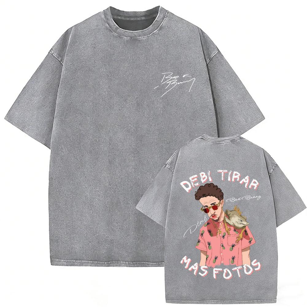 Gewaschenes Vintage Rapper Bad Bunny T-Shirt Debi Tirar Mas Fotos DTMF Welttournee T-Shirts Herren Damen Mode Hip Hop Beliebte T-Shirts