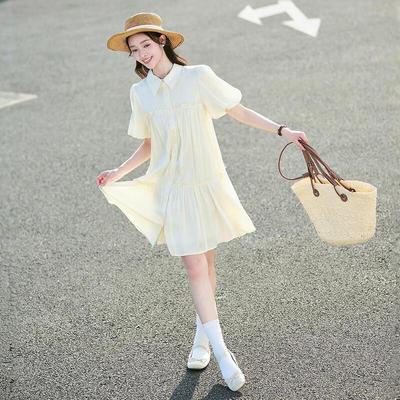Women's French Chic Apricot Yellow Puff Sleeve A-Line Midi Dress