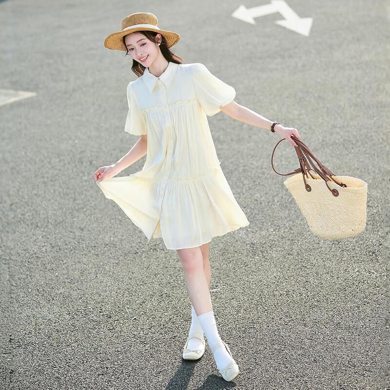 

Women s French Chic Apricot Yellow Puff Sleeve A-Line Midi Dress S