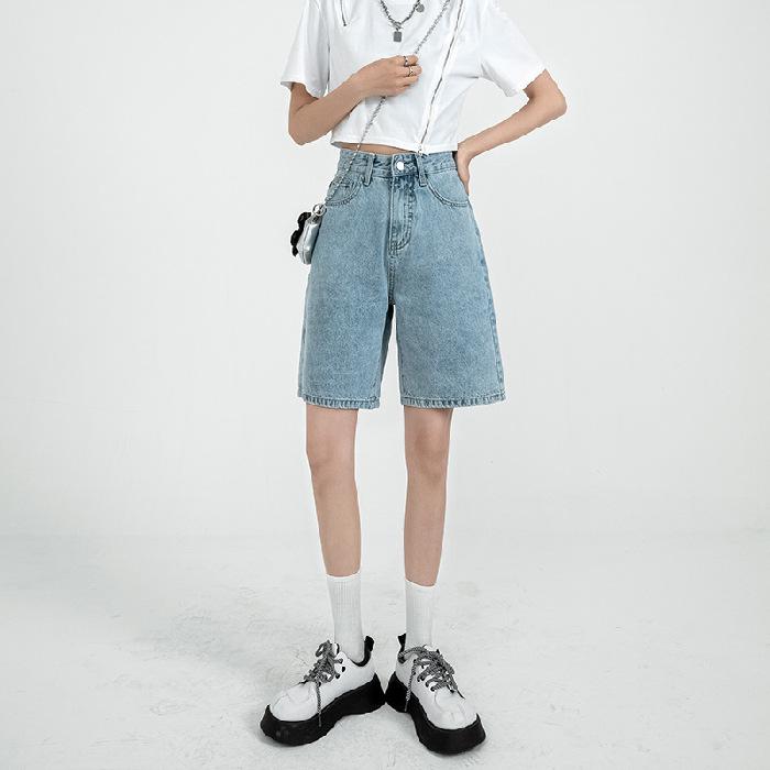 Women's High-Waist Retro Denim Shorts: Loose, Straight-Leg, 5-Point Mid-Length, Hong Kong & Japanese Style for Spring & Summer
