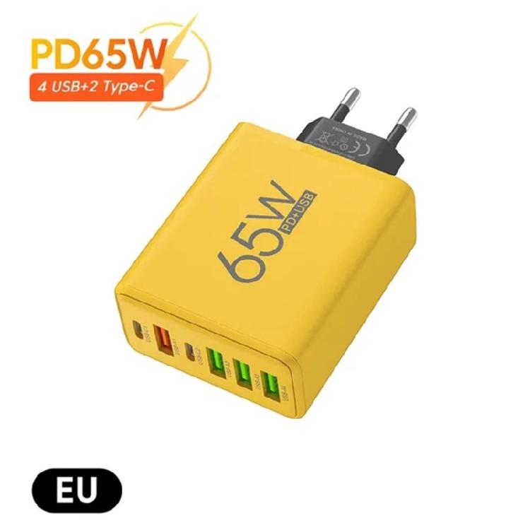 Double PD & 4 USB A Ports EU Plug Travel Plug Adapter 65W USB Wall Charger Rapid Charging Block for Phone Tablet