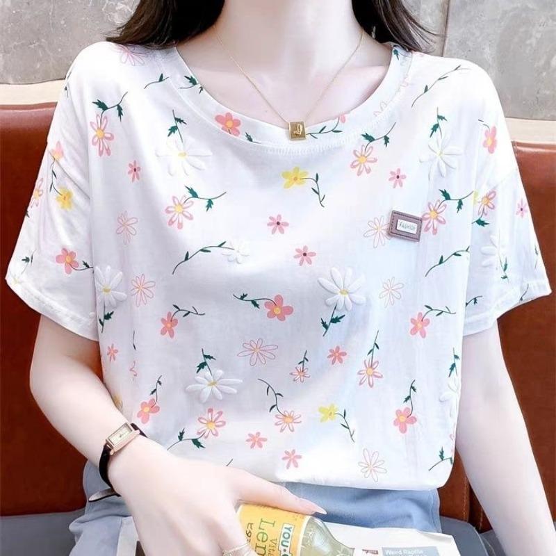 JKASHDK Women's Fashion Casual Summer Spring Flower Pattern Print Short Sleeve O-Neck Blouses & Shirts