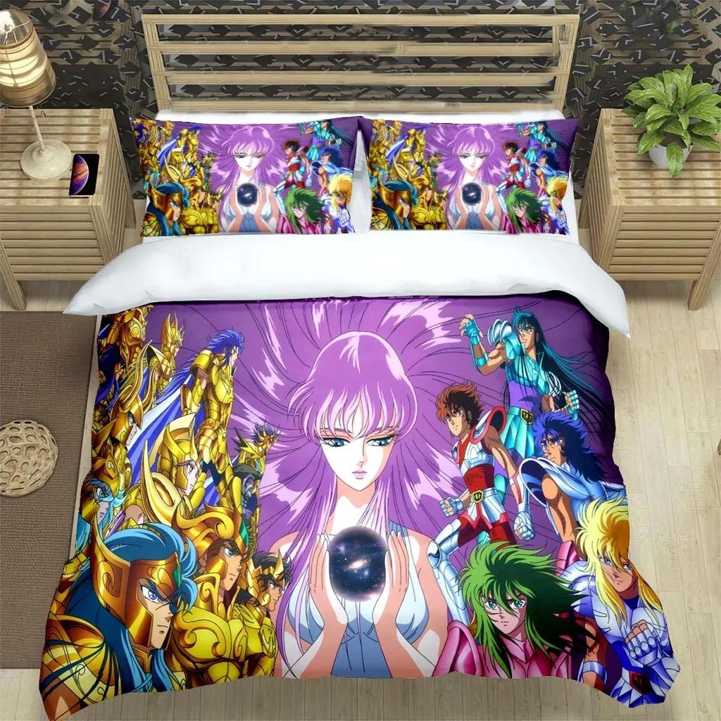 Saint Seiya 3D Bedding Set Black Duvet Quilt Cover Set Comforter Cover Pillowcase King Queen Size Polyester Quilt Cover