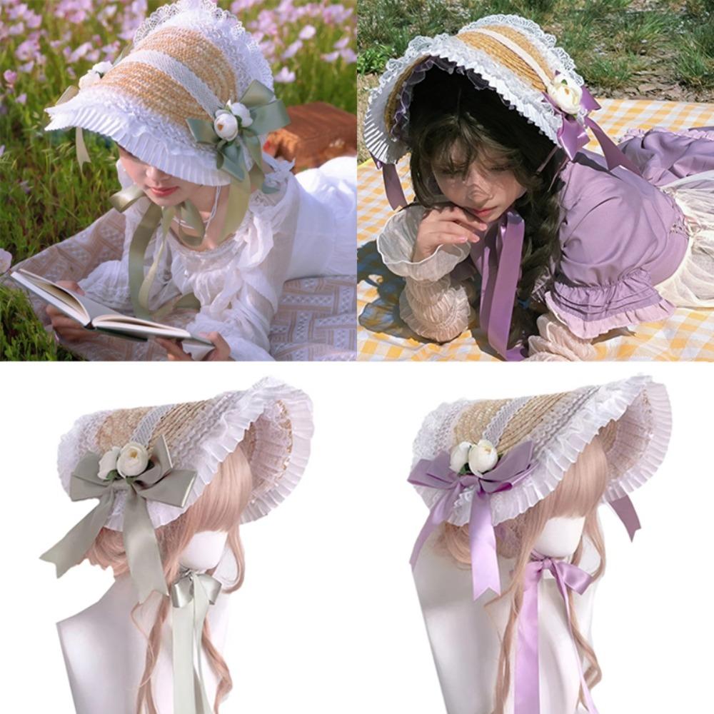 Ruffle Lace Beach Hat Flat Top Hat  for Elegant Tea Party Princess Beach Outdoor Travel