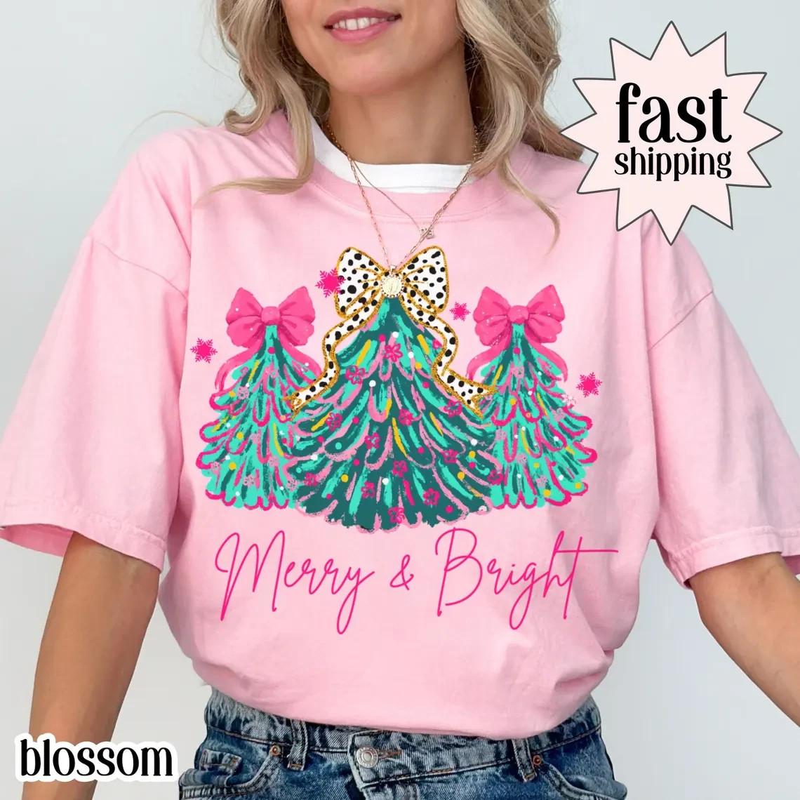 Christmas Comfort Colors Shirt Merry  Bright Xmas Tree Tee Pink Holiday Festive XXXL