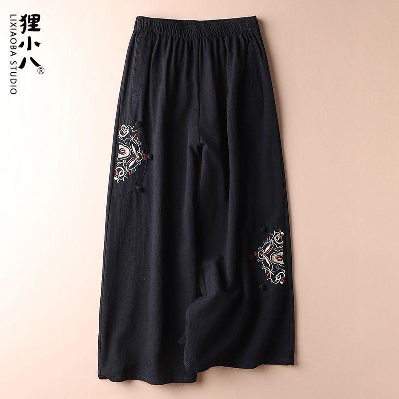 Cotton Linen Casual Spring Summer Thin Retro Ethnic Style Embroidered Wide-leg Versatile Nine-minute Pants