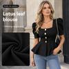 Women's Square Neck Short Sleeve Button Blouse Solid Color Fitted Casual Summer Top