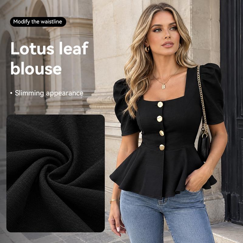 Women's Square Neck Short Sleeve Button Blouse Solid Color Fitted Casual Summer Top