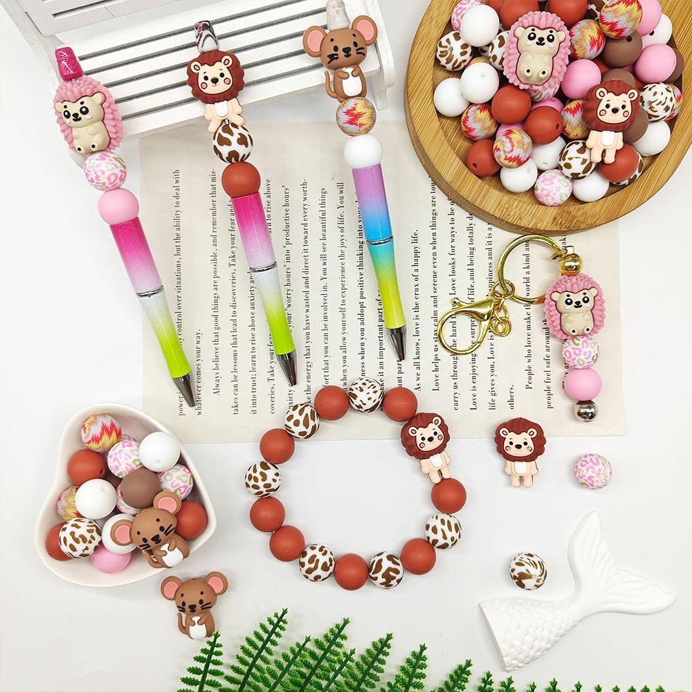 25/55PCS Mouse Hedgehog Lion Silicone Bead Set, perfect for DIY handmade crafts such as keychains, necklaces, bracelets, etc