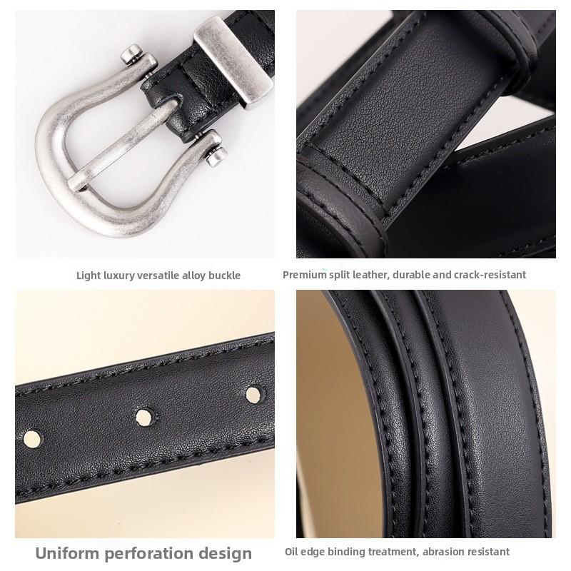 Classic Vintage Leather Belt For Women With Silver Buckle And Denim Waist Accessory For Casual Style