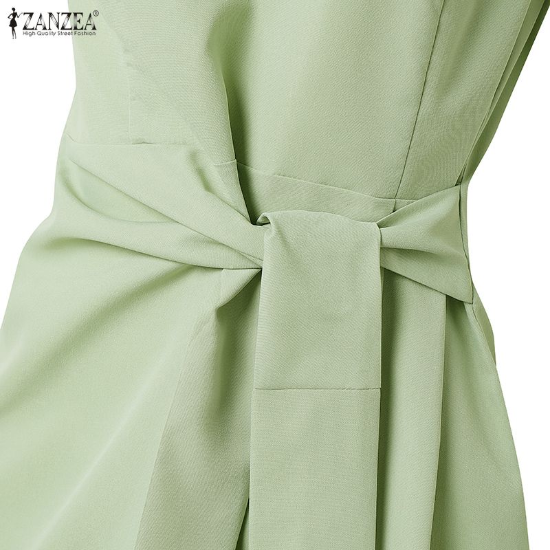 ZANZEA Womens Elegant V Neck Sleeveless Office Work Sheath Dress Belted Twisted Bodycon Dress