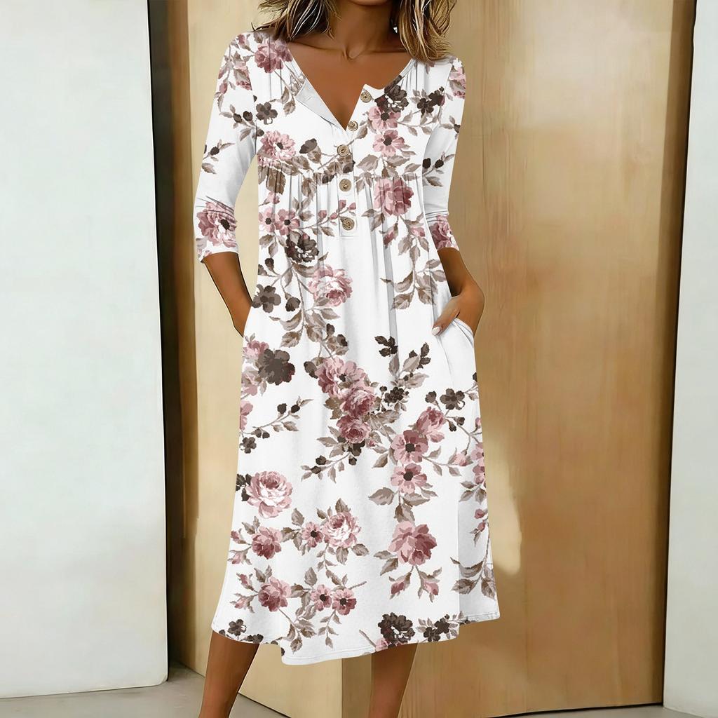 Women's Fashionable Color Printed Round Neck 3/4 Sleeve Button Collar Mid Length Casual Dress