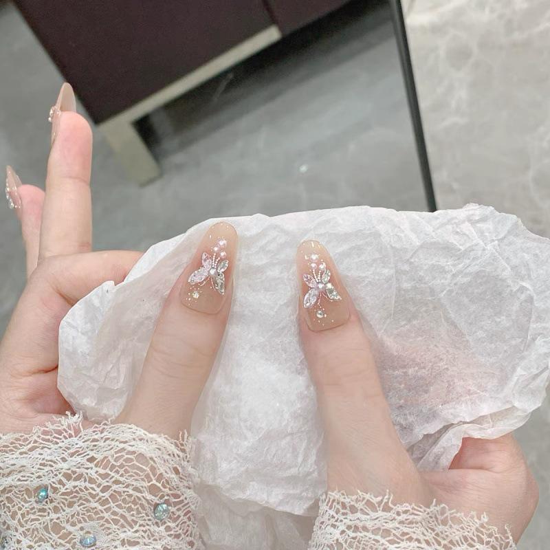 Handmade Butterfly Champagne Diamond False Nails with Whitening Blush