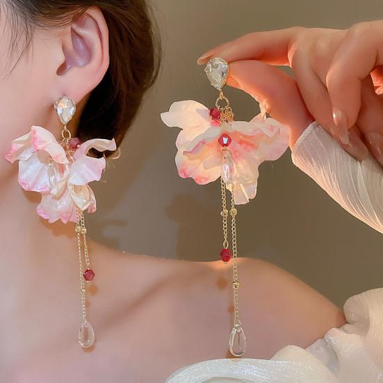 1 Pair Drop Earrings Bright Color Fabric Flower Rhinestones Tassel Long Earrings Holiday Statement Earrings