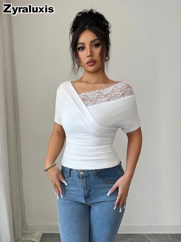Summer New Ins Lace Patchwork V-Neck Asymmetric Off-Shoulder Top for Women
