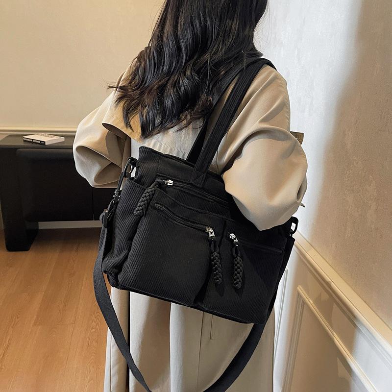 Corduroy Simple Poop Carrying Shoulder Bag for Women Adjustable Shoulder Strap Crossbody Bag Large Capacity Commuting Handbag